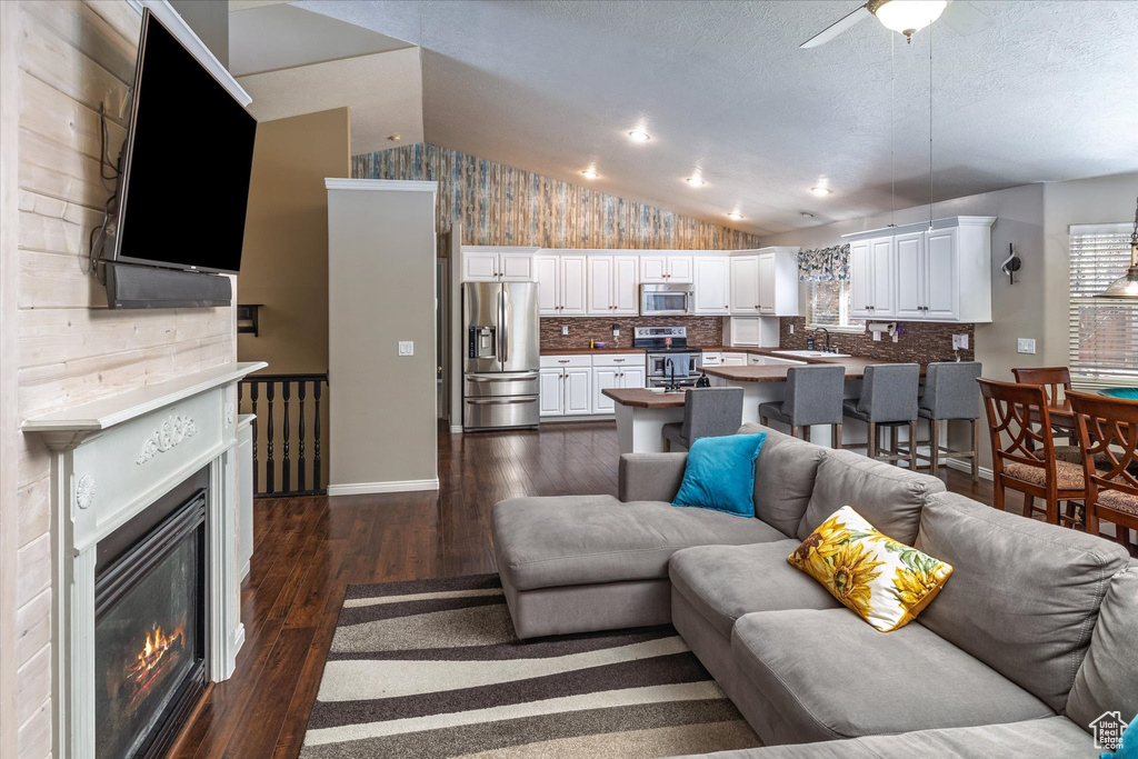 Living area featuring plenty of natural light, dark wood finished floors, a glass covered fireplace, and lofted ceiling