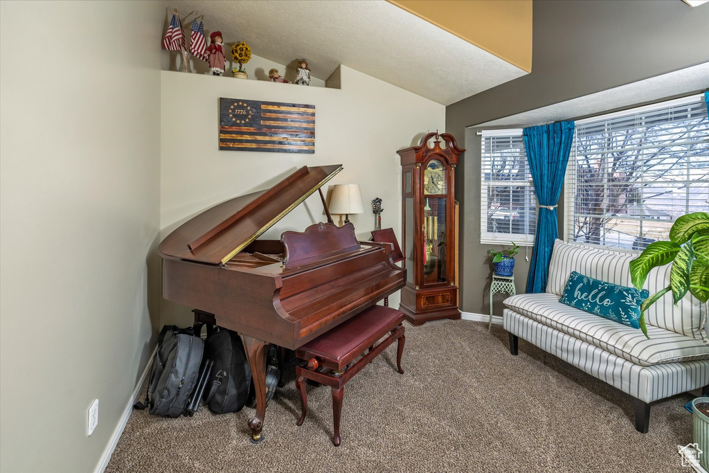 Living area with carpet floors, baseboards, lofted ceiling, and a wealth of natural light