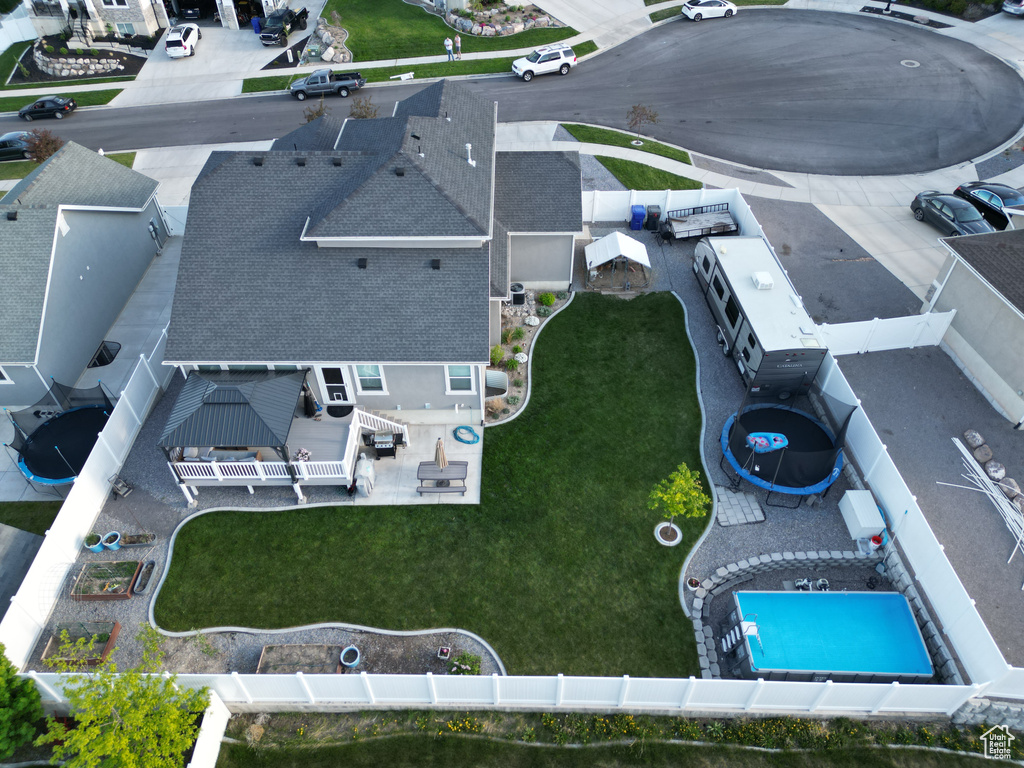 Drone / aerial view of a pool area