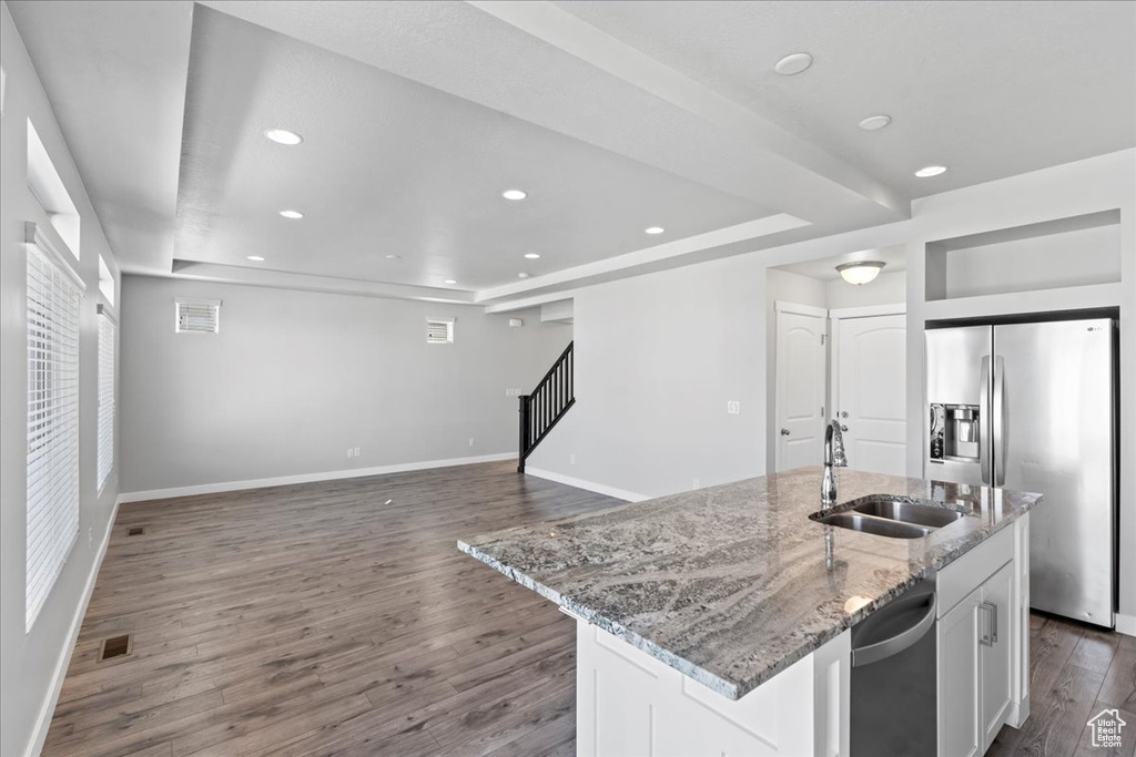 Kitchen featuring dark wood-style flooring, stainless steel appliances, a tray ceiling, and a sink