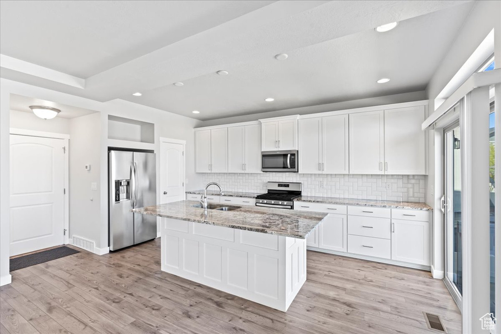 Kitchen featuring decorative backsplash, visible vents, appliances with stainless steel finishes, a sink, and light wood finished floors
