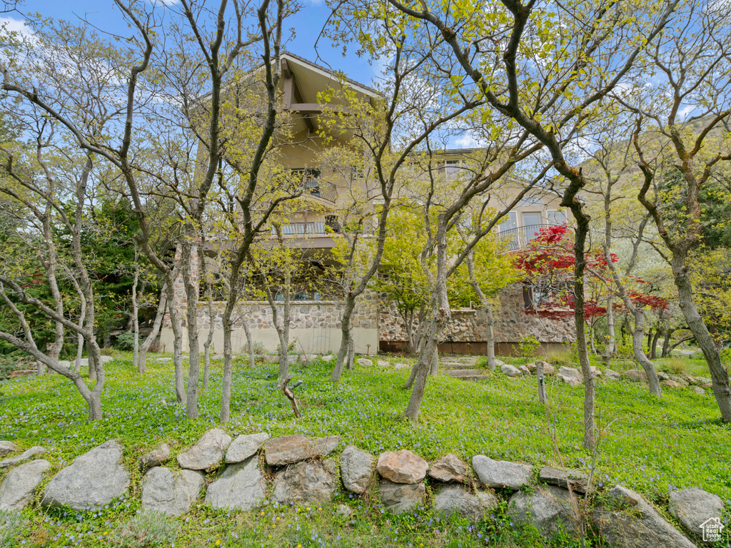 View of yard with a balcony