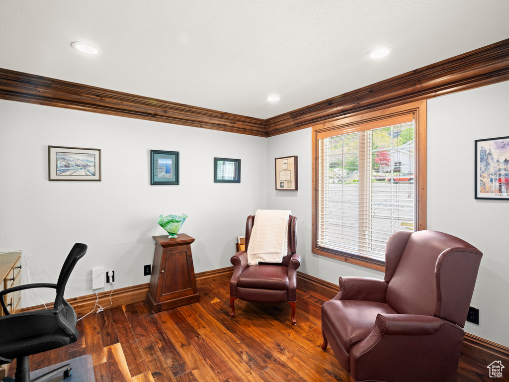 Office with recessed lighting, baseboards, dark wood finished floors, and ornamental molding