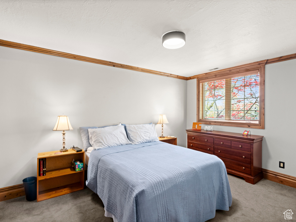 Carpeted bedroom with baseboards and crown molding