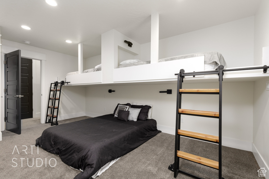 Bedroom with recessed lighting, carpet flooring, and baseboards