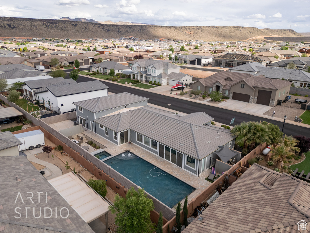 Bird's eye view featuring a residential view and a mountain view