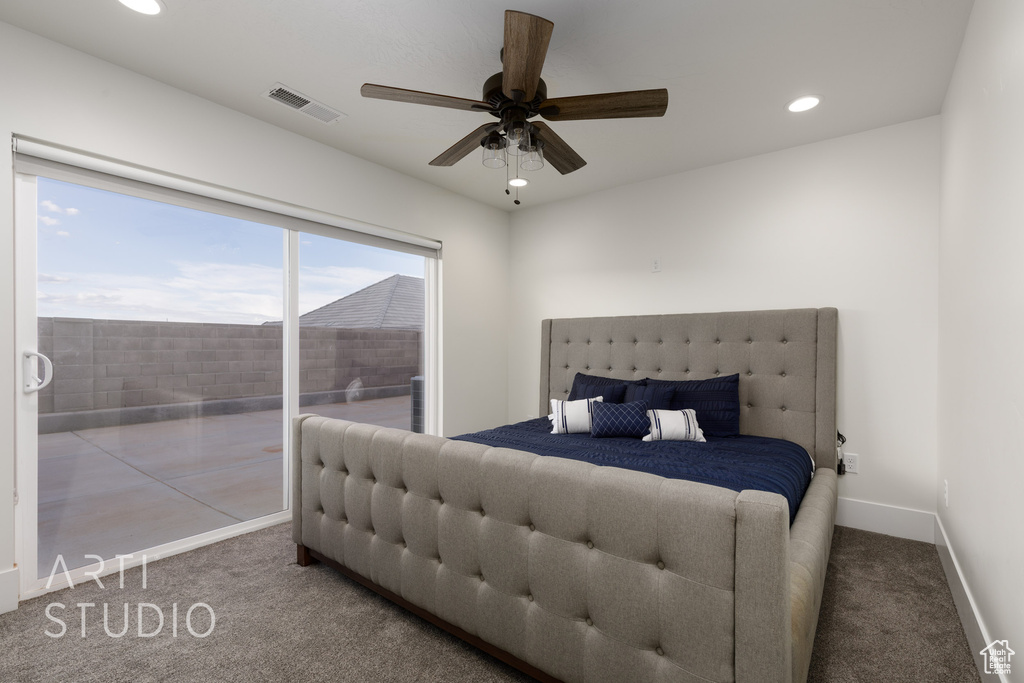 Bedroom featuring visible vents, carpet flooring, access to outside, and recessed lighting