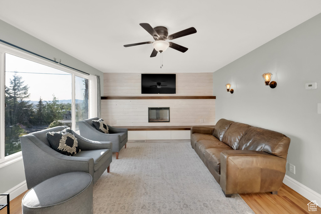 Living room featuring baseboards, a ceiling fan, wood finished floors, and a fireplace