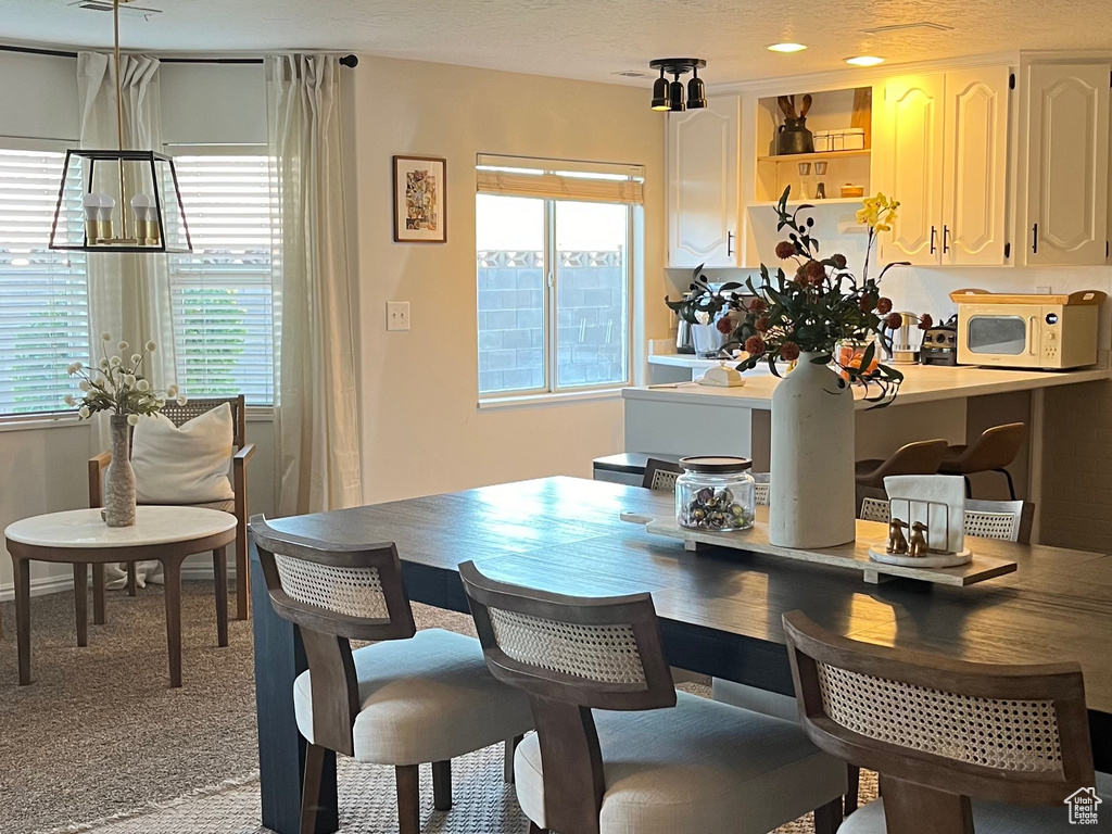Carpeted dining space with plenty of natural light and a textured ceiling