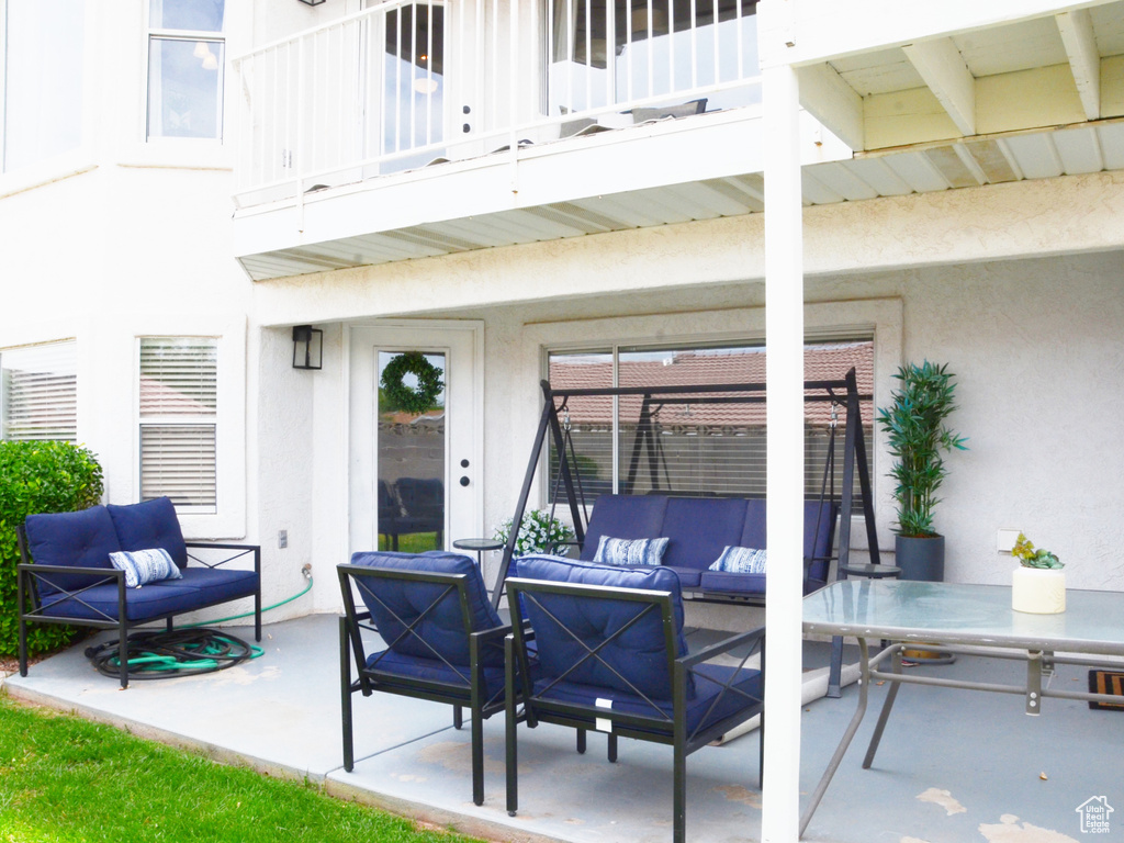 View of patio / terrace featuring an outdoor hangout area and a balcony
