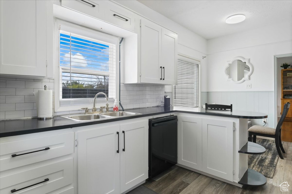 Kitchen with dark countertops, dishwasher, a sink, and white cabinets