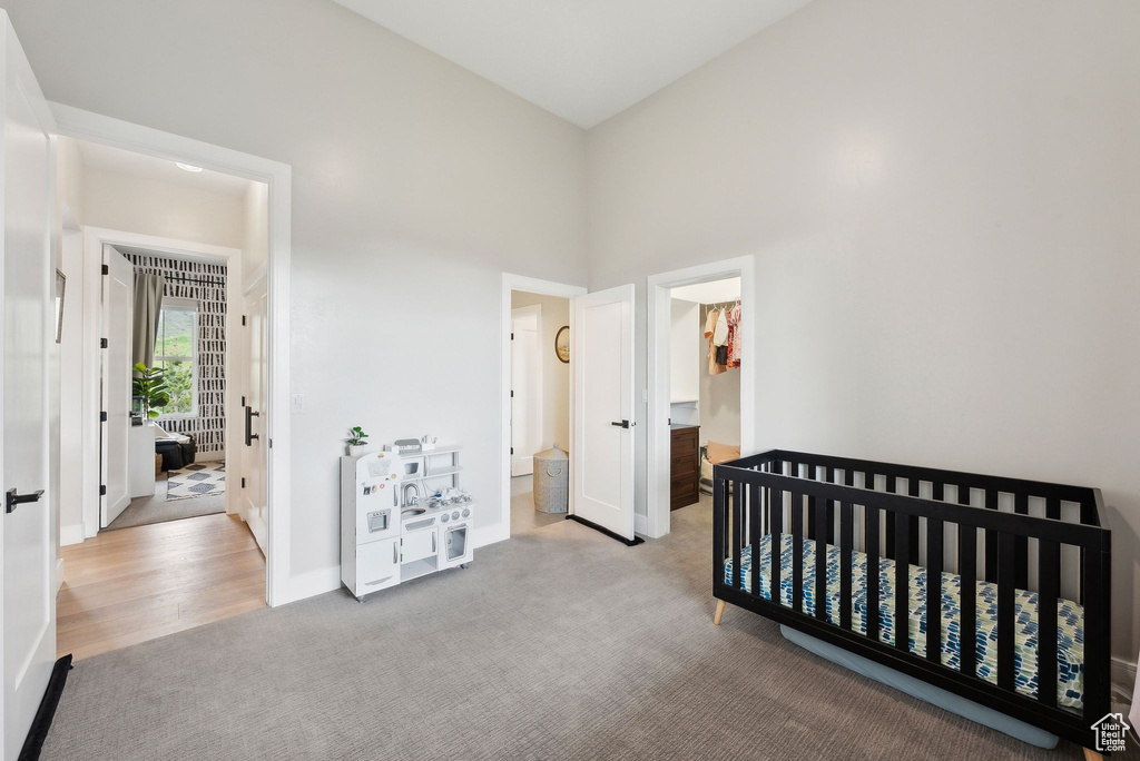 Carpeted bedroom with baseboards and a spacious closet