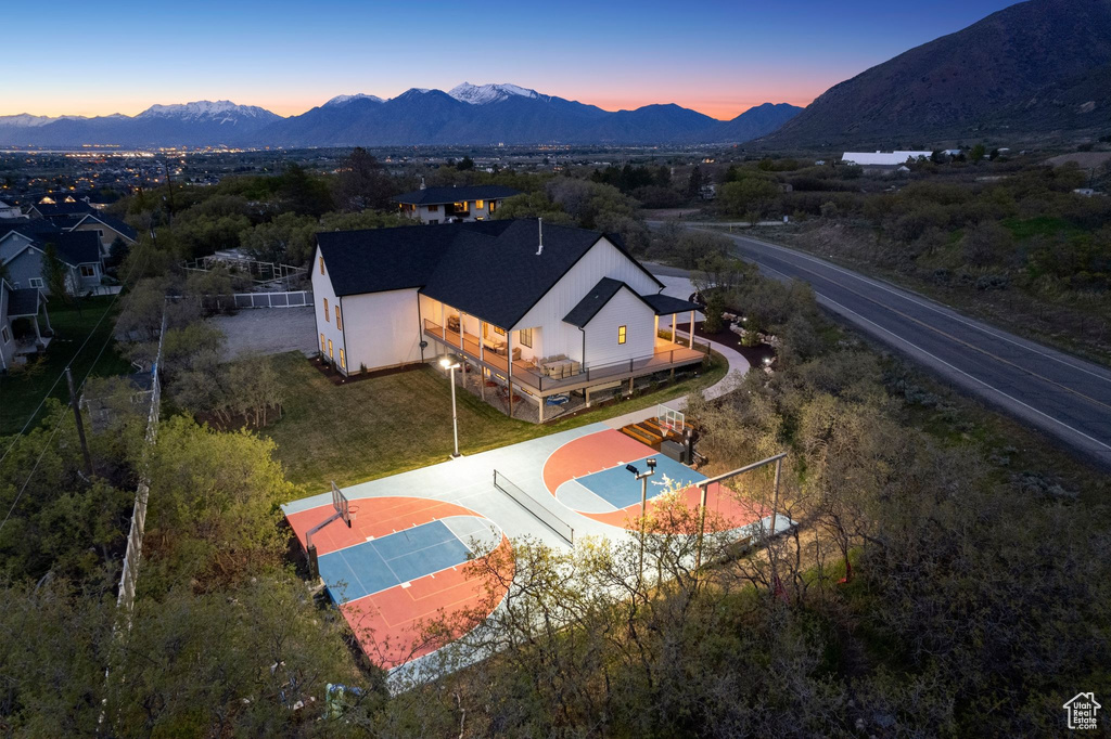 Aerial view at dusk with a mountain view