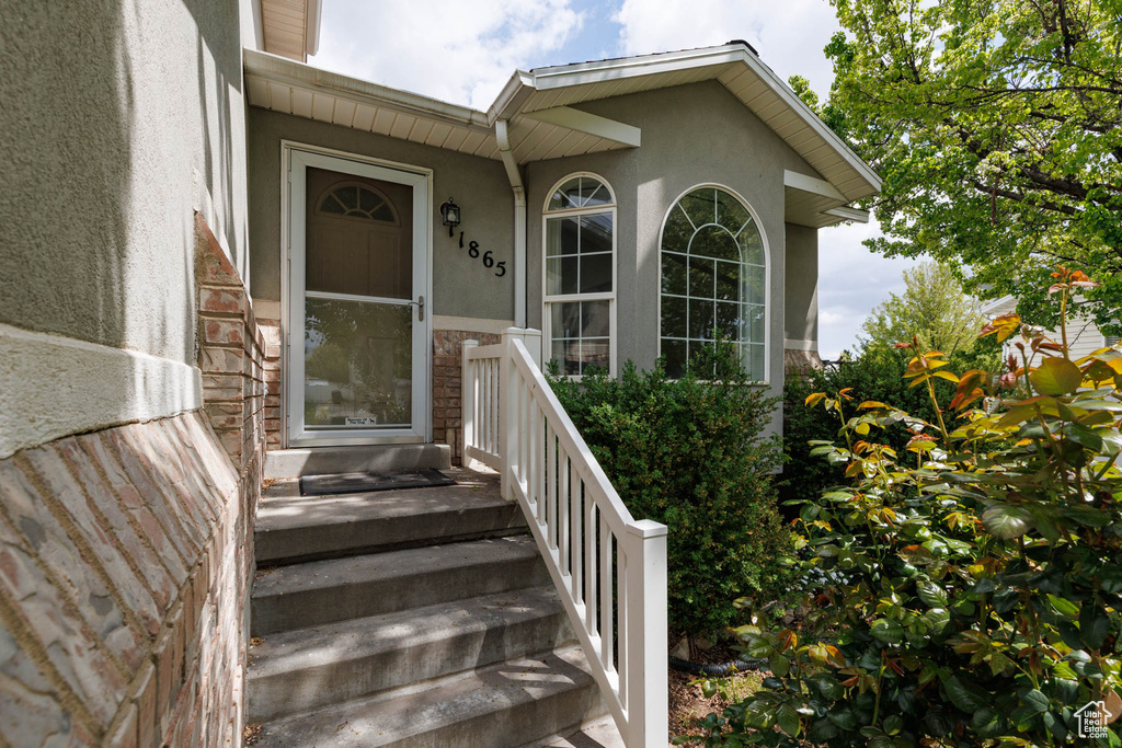Doorway to property featuring stucco siding