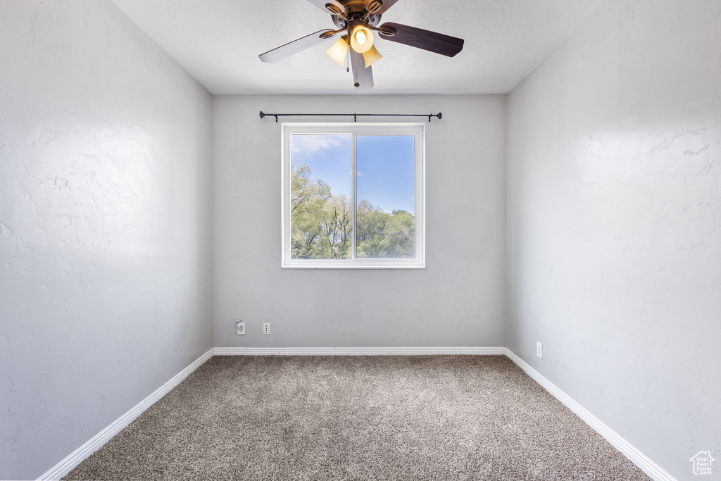 Empty room with a ceiling fan, baseboards, and carpet