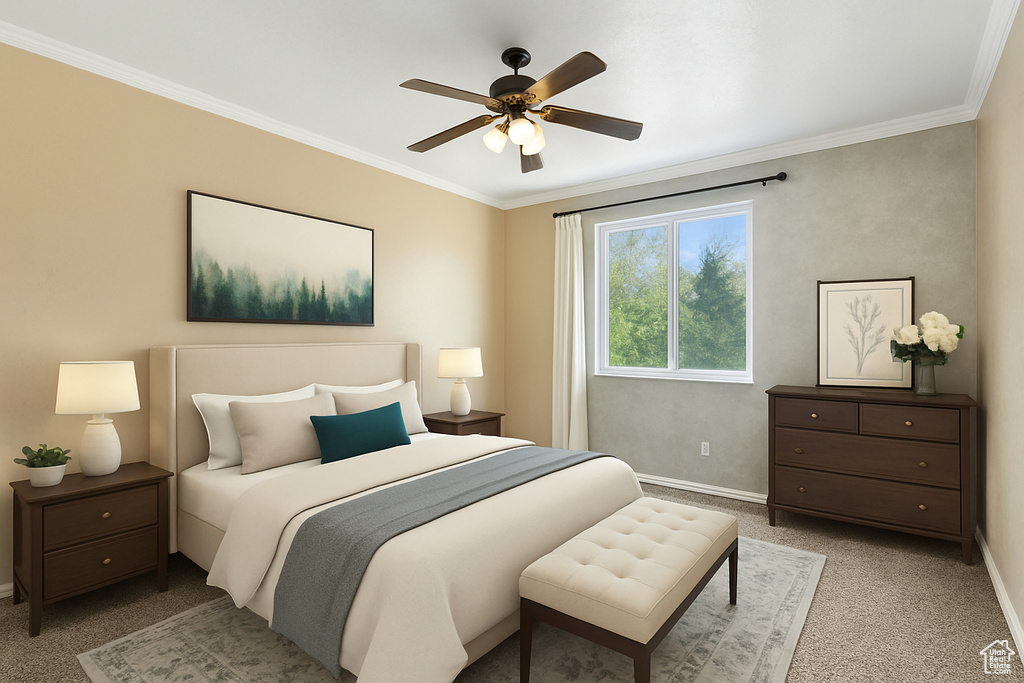 Carpeted bedroom with a ceiling fan, baseboards, and ornamental molding