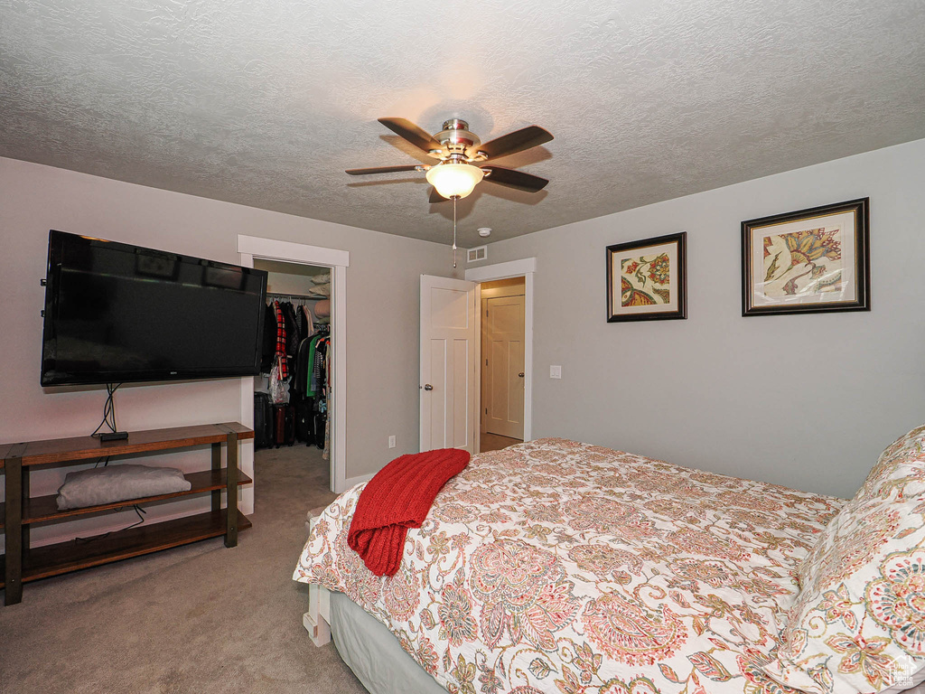Bedroom with carpet flooring, a textured ceiling, a walk in closet, and a closet