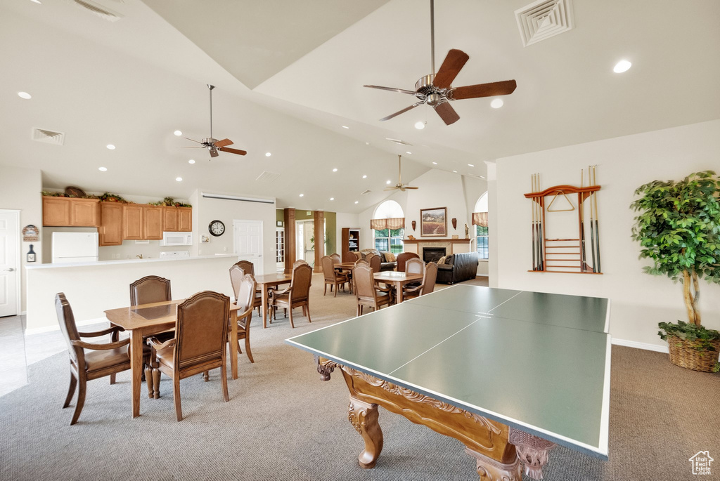 Game room featuring recessed lighting, ceiling fan, and light colored carpet