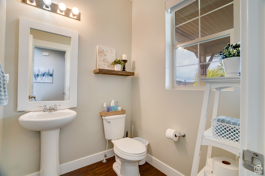 Bathroom with baseboards, a sink, wood finished floors, and toilet