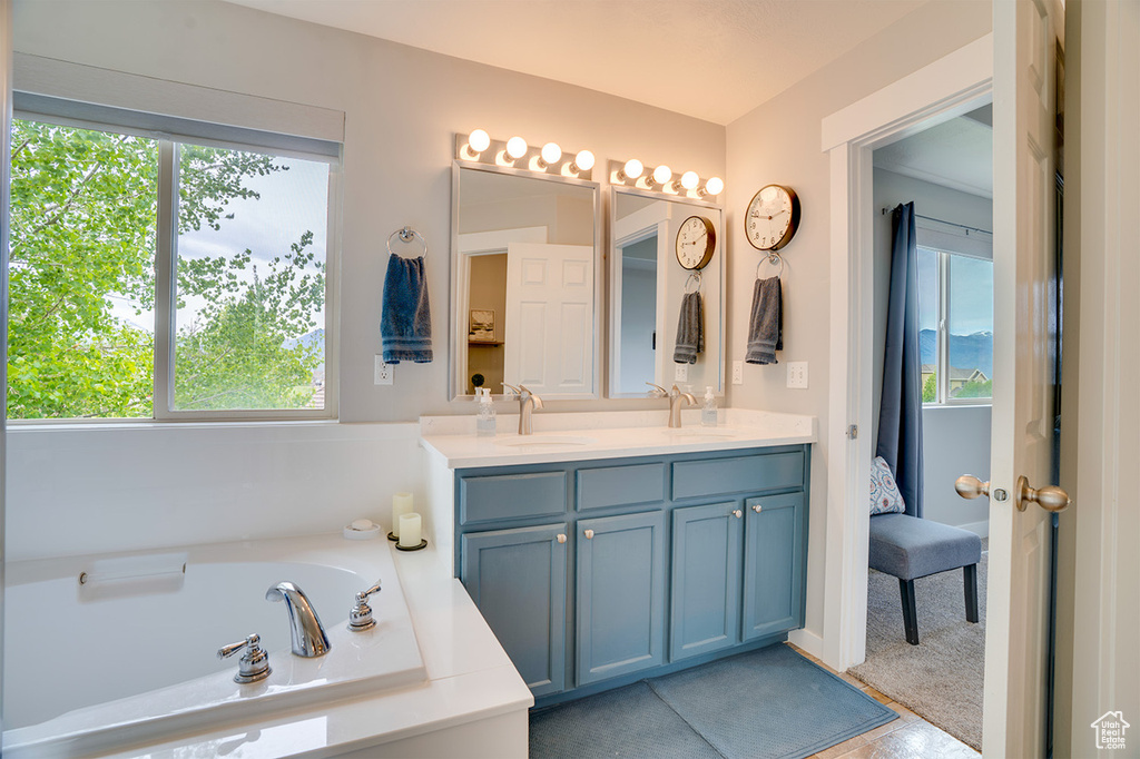 Bathroom with double vanity, a sink, a wealth of natural light, and a bath