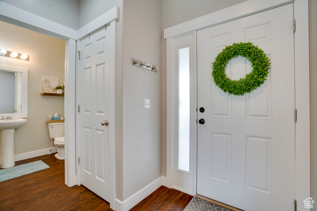 Entryway with baseboards, dark wood-style floors, and a healthy amount of sunlight