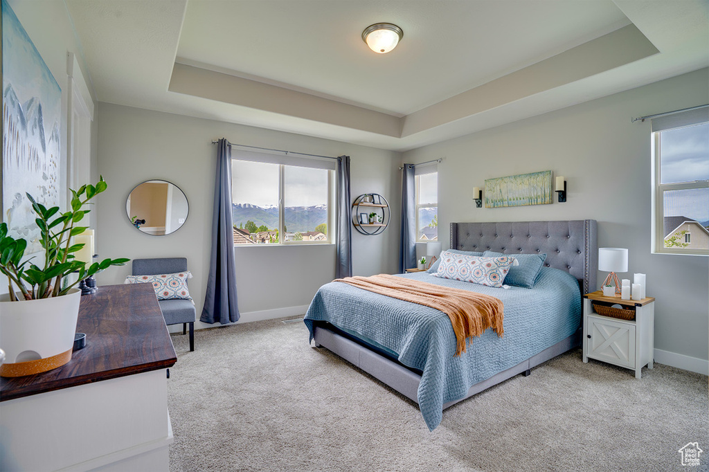 Carpeted bedroom with baseboards, a tray ceiling, and multiple windows