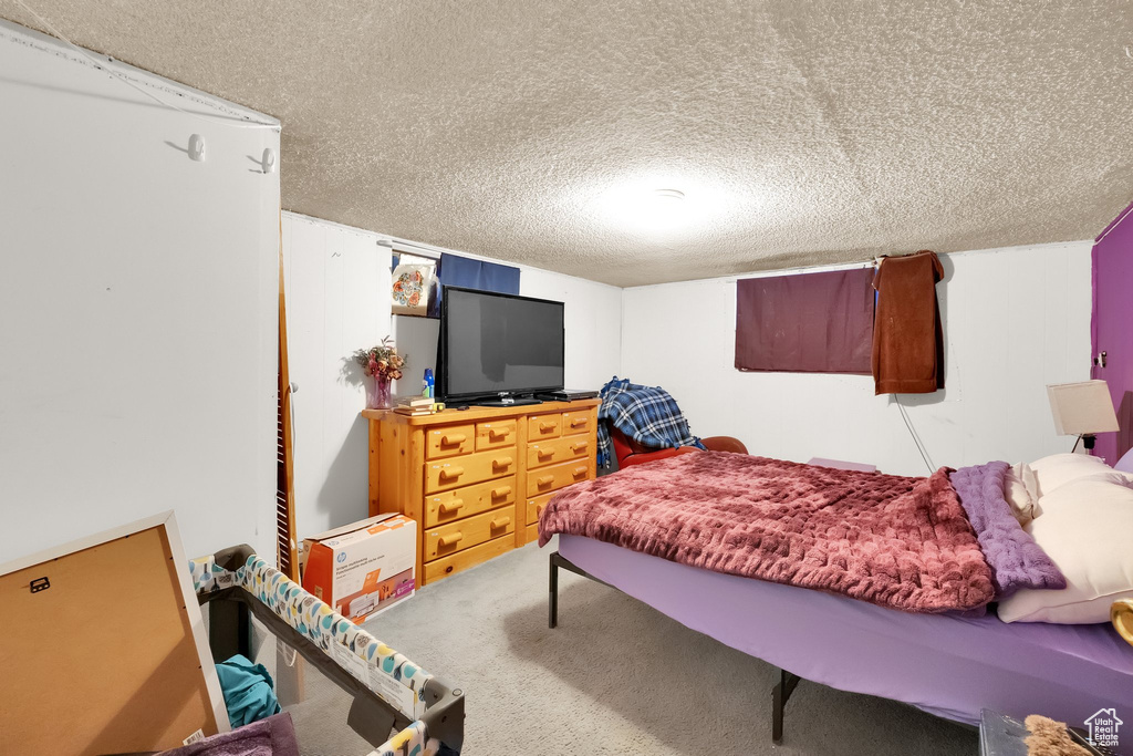 Bedroom with carpet floors and a textured ceiling