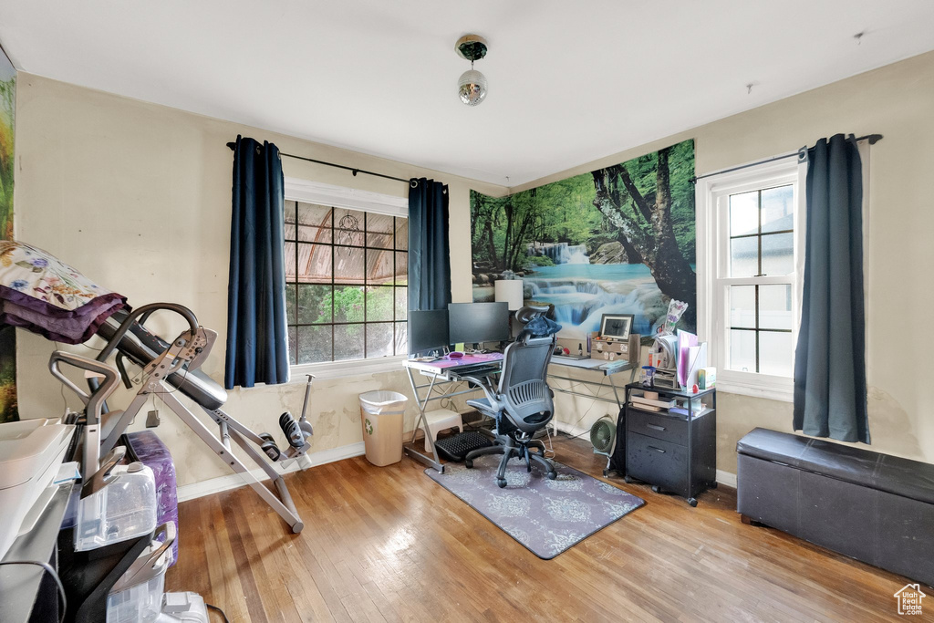 Office with baseboards, wood finished floors, and a wealth of natural light