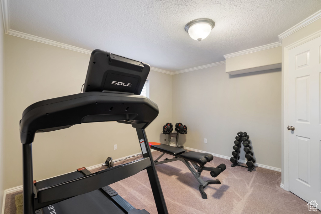 Workout room with carpet floors, a textured ceiling, baseboards, and ornamental molding
