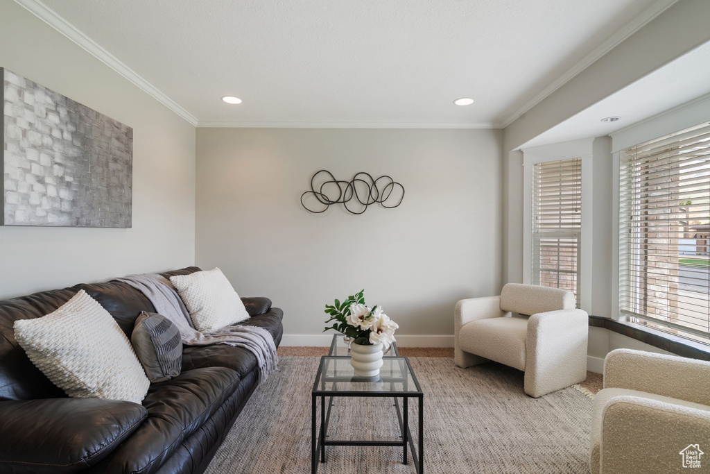 Carpeted living area featuring crown molding, baseboards, and recessed lighting