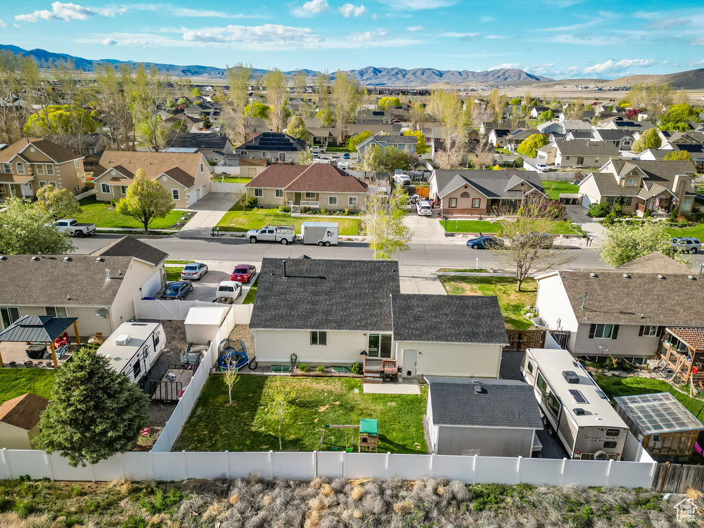 Birds eye view of property with a mountain view and a residential view