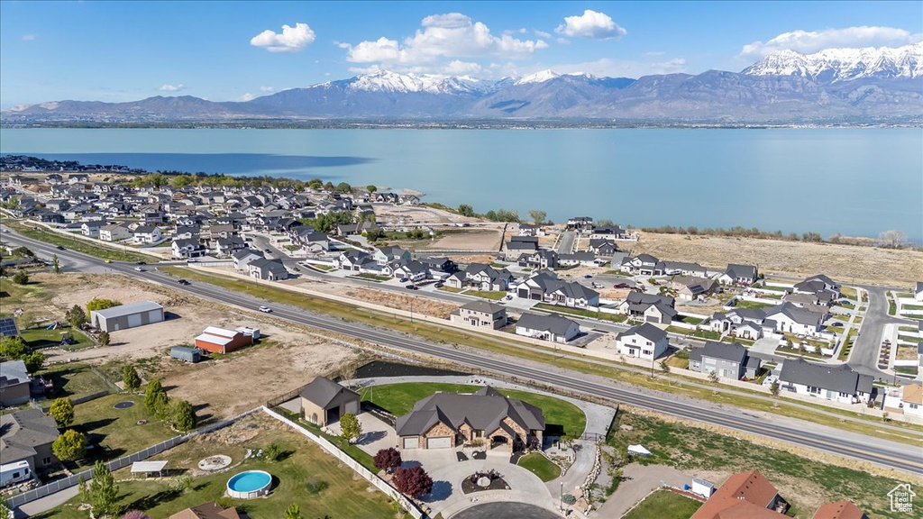 Aerial view with a water and mountain view and a residential view
