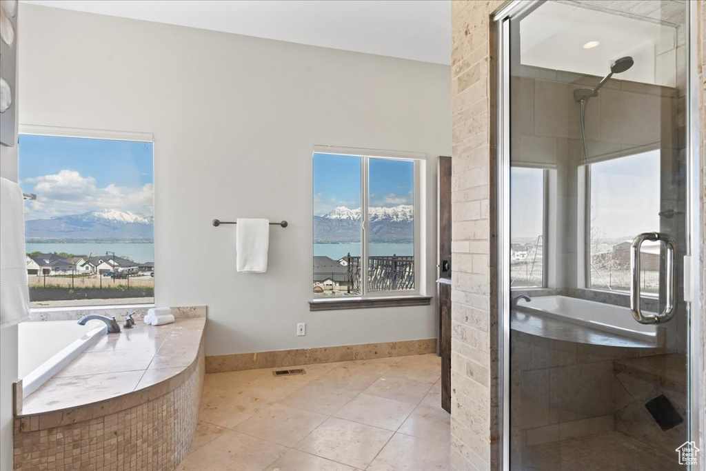 Bathroom featuring a tub, tile patterned flooring, a stall shower, and a wealth of natural light