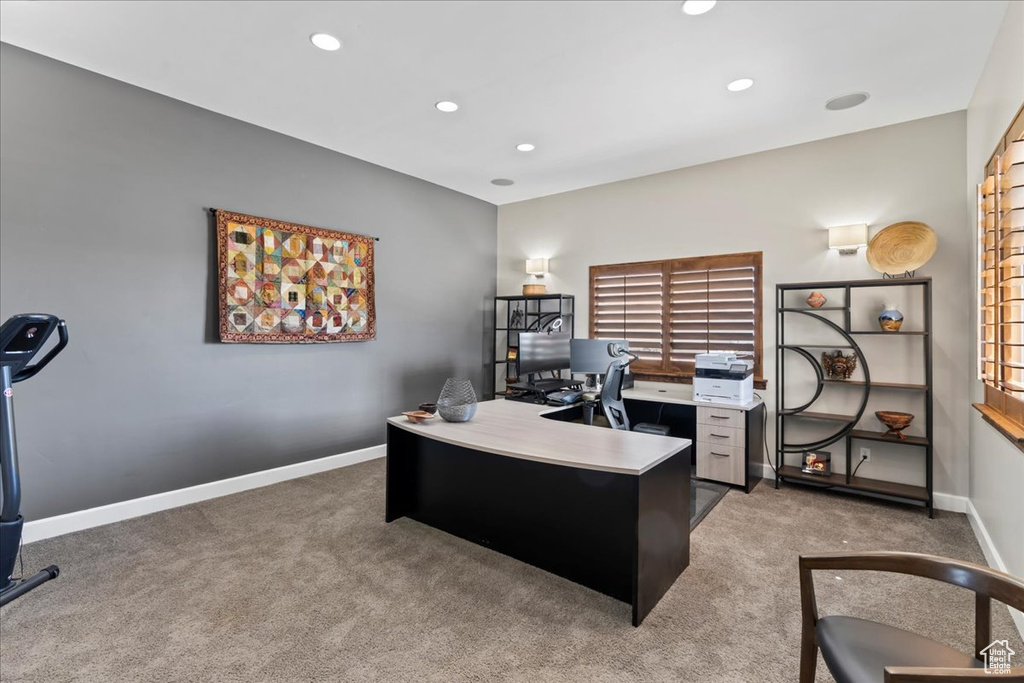 Office with baseboards, light carpet, and recessed lighting