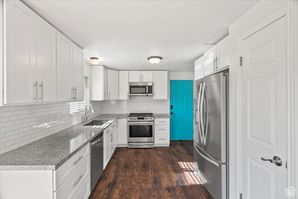 Kitchen with white cabinets, tasteful backsplash, a sink, dark wood finished floors, and appliances with stainless steel finishes