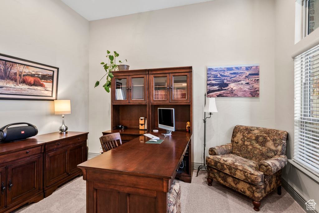 Home office featuring light colored carpet, baseboards, and a baseboard heating unit