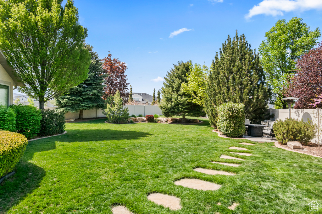 View of yard with a patio and a fenced backyard