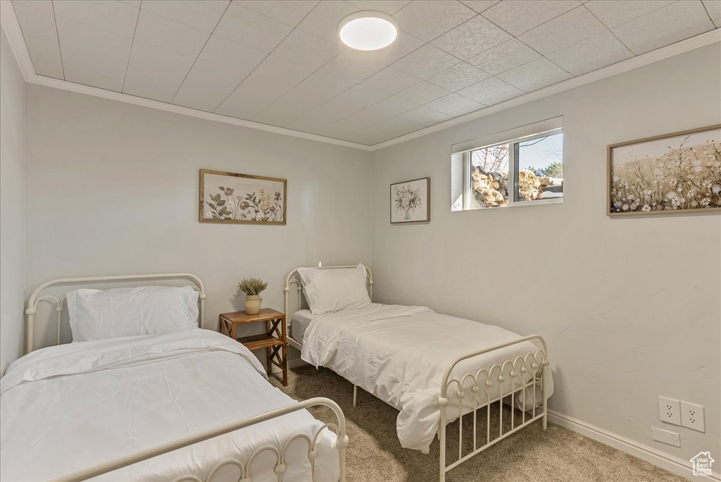 Carpeted bedroom with baseboards and ornamental molding