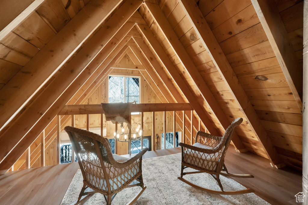Sitting room with wood finished floors, lofted ceiling, and wooden ceiling