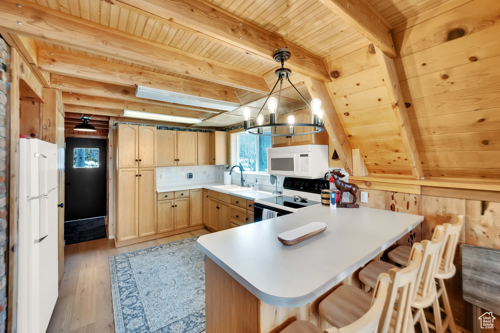 Kitchen featuring white appliances, a peninsula, wooden ceiling, and a sink