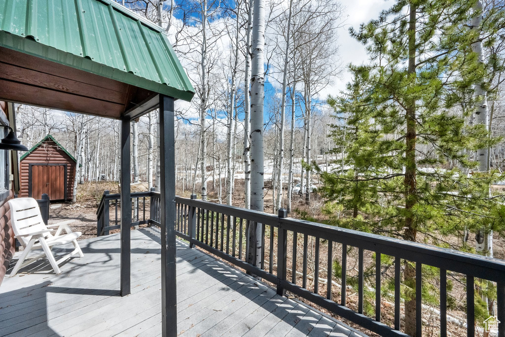 Deck with an outdoor structure and a storage shed