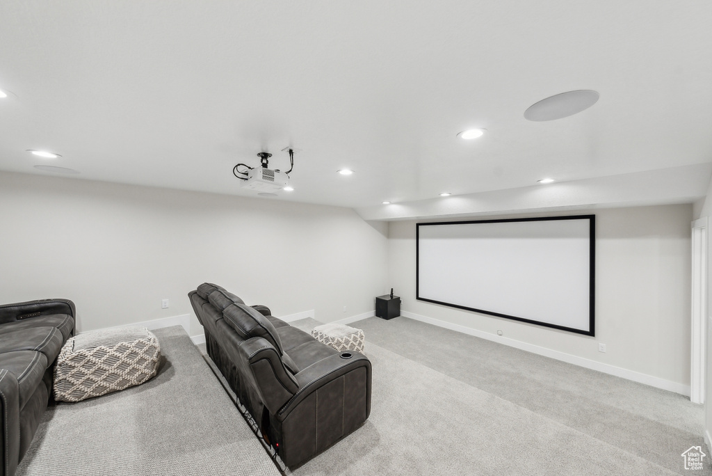 Cinema featuring baseboards, recessed lighting, and carpet flooring