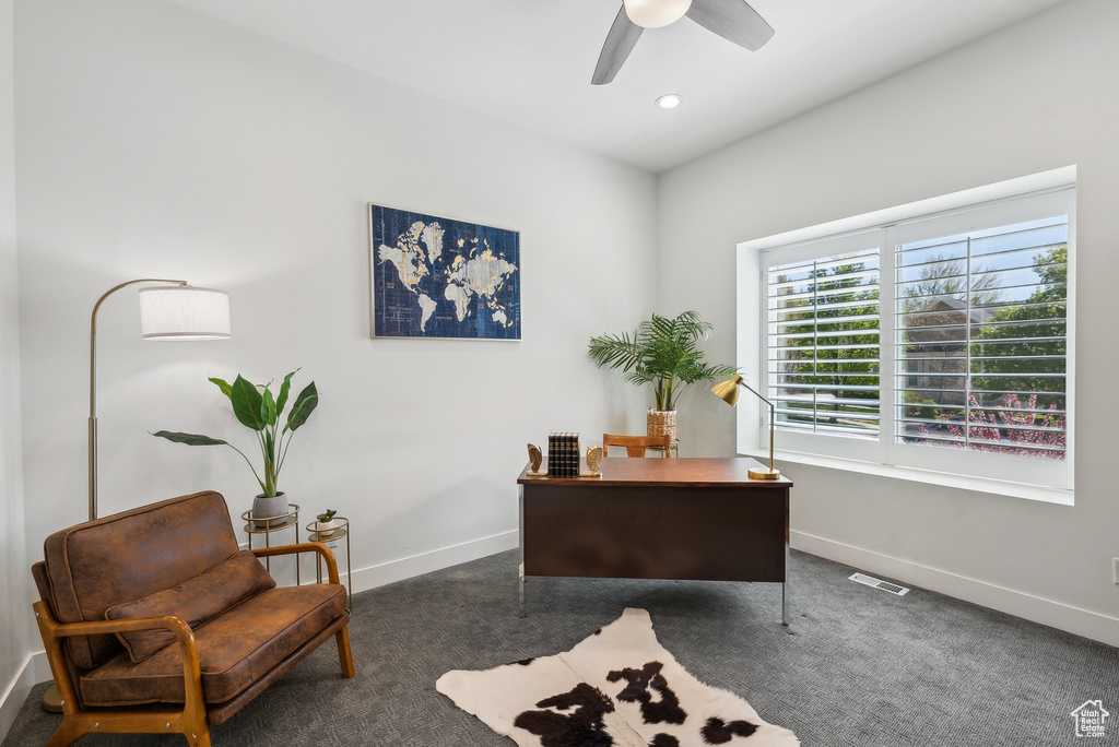 Office area with baseboards, recessed lighting, a ceiling fan, carpet floors, and visible vents