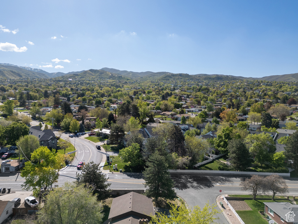 Birds eye view of property with a mountain view and a residential view