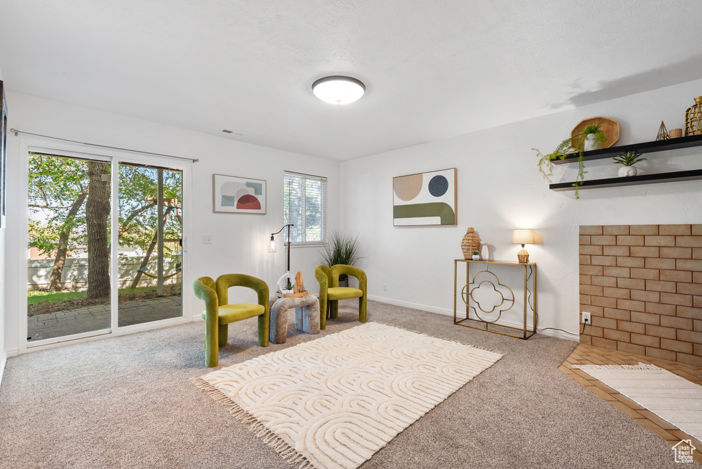 Sitting room with baseboards, visible vents, and carpet