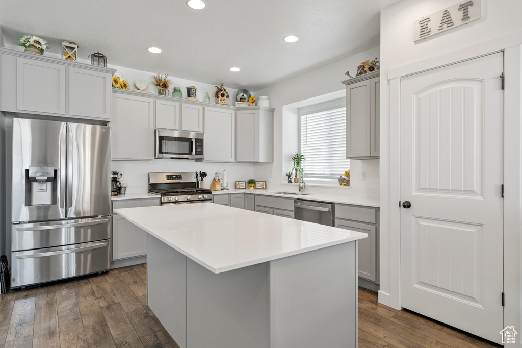 Kitchen with appliances with stainless steel finishes, a sink, gray cabinets, recessed lighting, and dark wood-type flooring