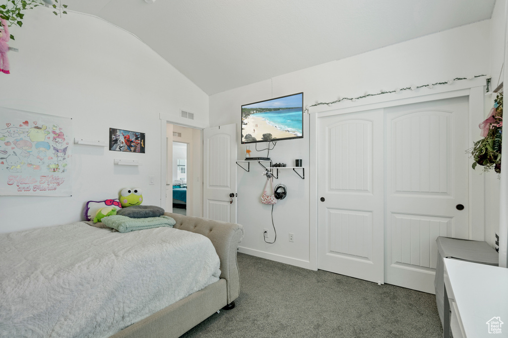 Bedroom featuring visible vents, carpet flooring, high vaulted ceiling, and a closet