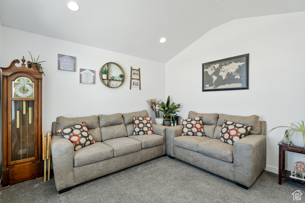 Living area with recessed lighting, carpet, and lofted ceiling