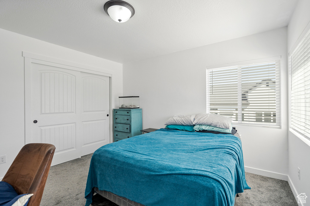 Bedroom with a closet, baseboards, and carpet flooring