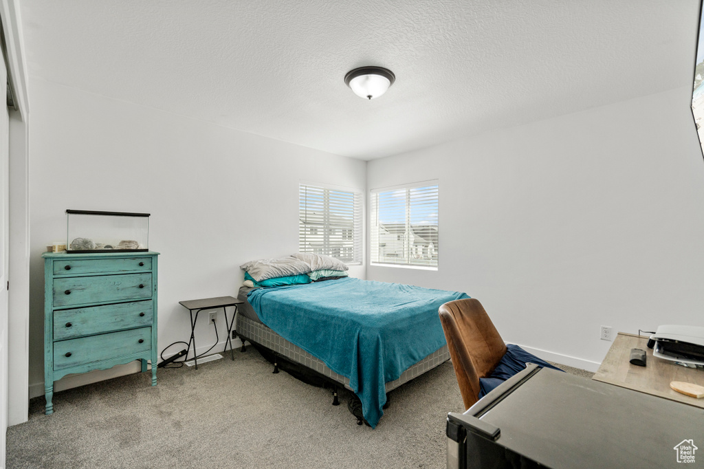 Bedroom featuring carpet and a textured ceiling